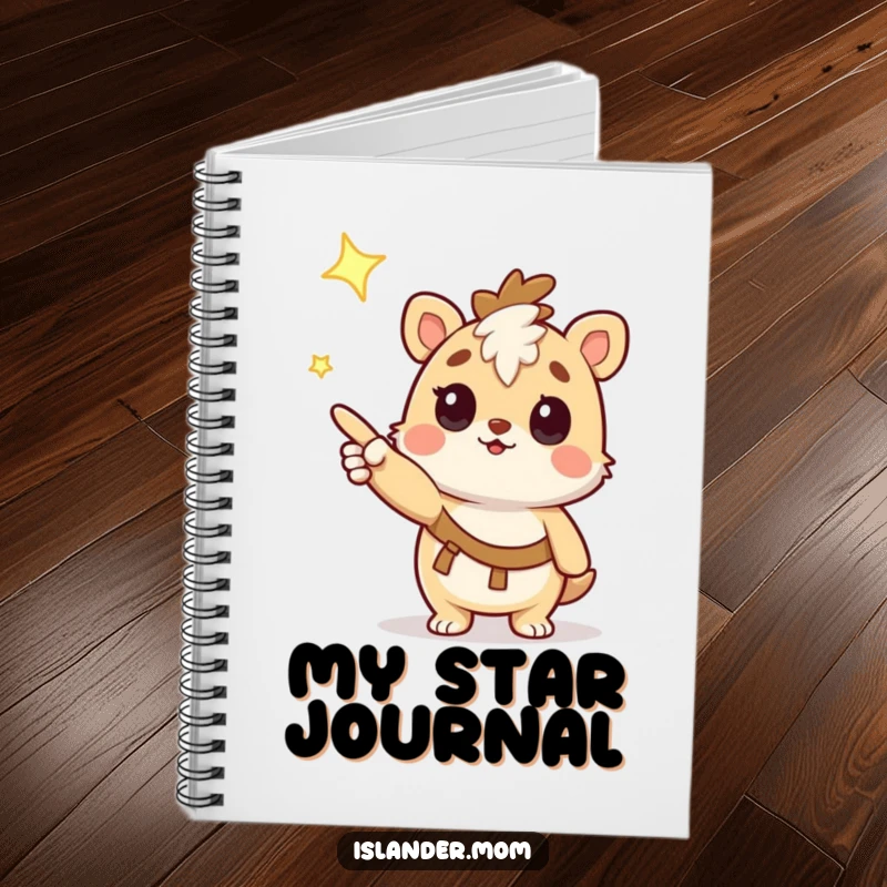 Funny Notebook: Whimsical kawaii islander animal character pointing at a shining star, ideal for jotting down curious thoughts.