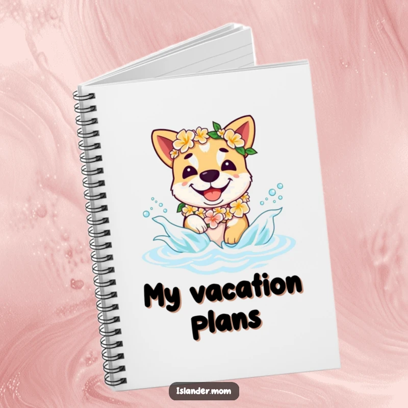 Funny islander dog notebook featuring a smiling dog with a lei splashing in waves, perfect for journaling or creative writing.
