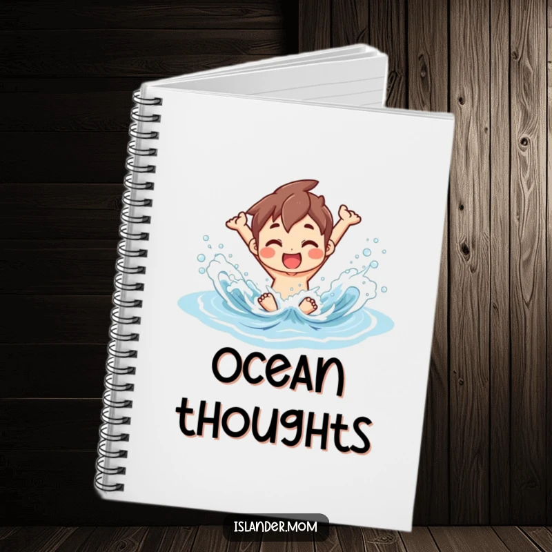Funny Notebook with an islander character joyfully splashing in ocean waves, ideal for notes, sketches, and beach plans.