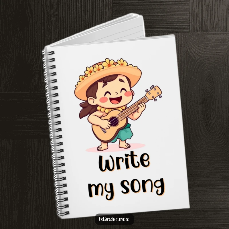 Funny Notebook with a smiling islander playing a ukulele, ideal for notes, song lyrics, and creative ideas.