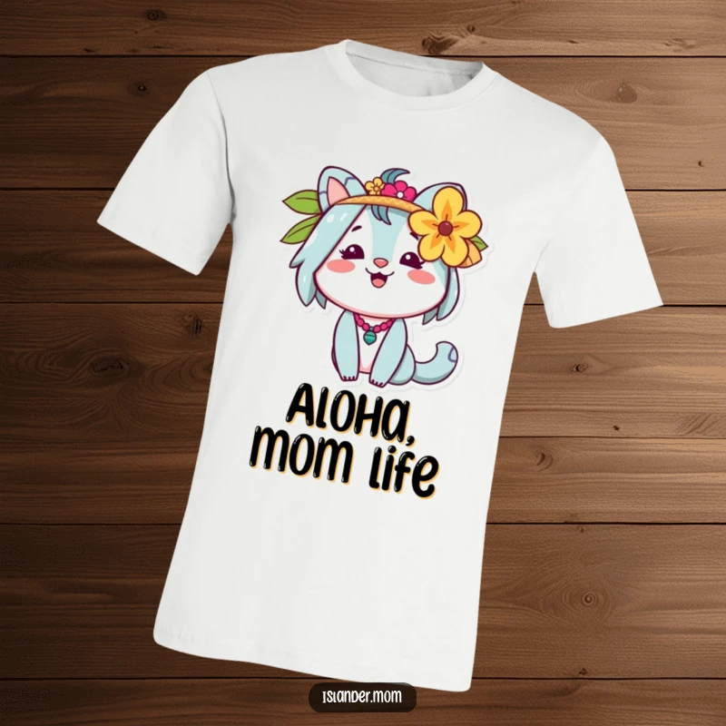 Funny Islander Mom T-Shirt of a cheerful animal figure with a flower behind her ear, perfect for tropical lovers.