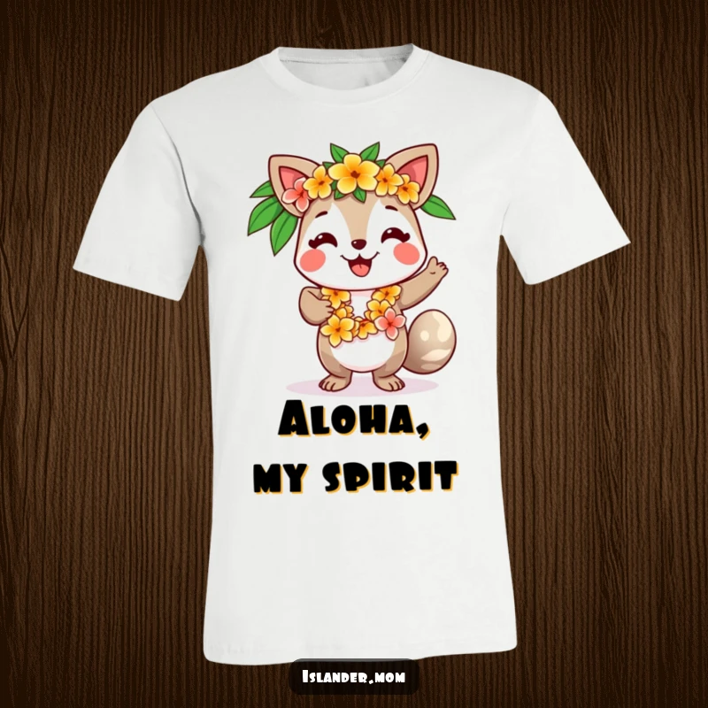 Funny t-shirt depicting a smiling islander animal character with a flower lei, energetically dancing with tropical joy.