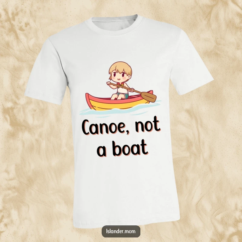 Funny t-shirt depicting a character happily navigating a colorful outrigger canoe, embodying the spirit of joyful exploration.