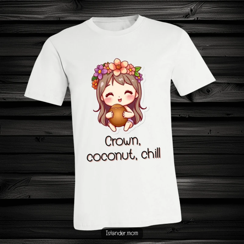 Funny t-shirt depicting a character adorned with a beautiful flower crown, holding a coconut, radiating a happy, tropical disposition.