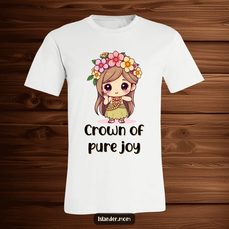 Funny kawaii islander character wearing a t-shirt, skillfully weaving a flower crown with a look of focused delight.