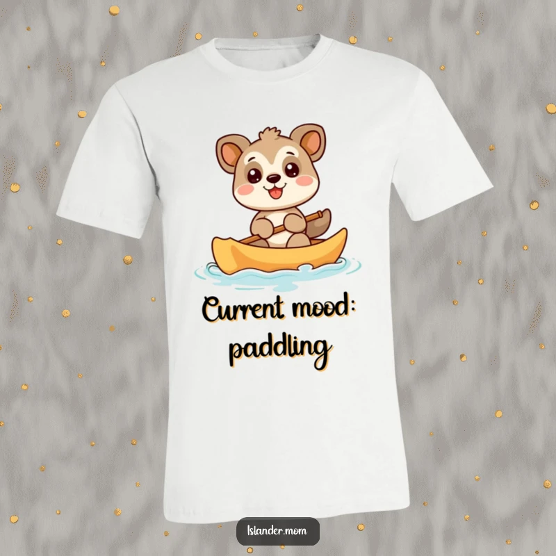 Funny animal character joyfully paddling a canoe with a wide grin, an adventurous and humorous t-shirt design for nature lovers.