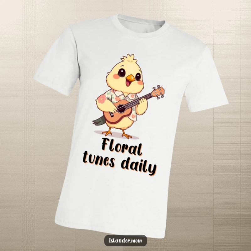 Funny Mama Bird Ukulele T-Shirt: A mama bird sporting a floral shirt plays a small ukulele with a joyful expression.
