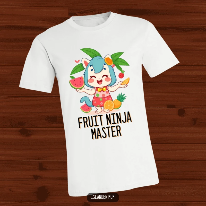 Funny T-Shirt of an islander mom animal energetically juggling a variety of bright tropical fruits with a warm, joyful expression.