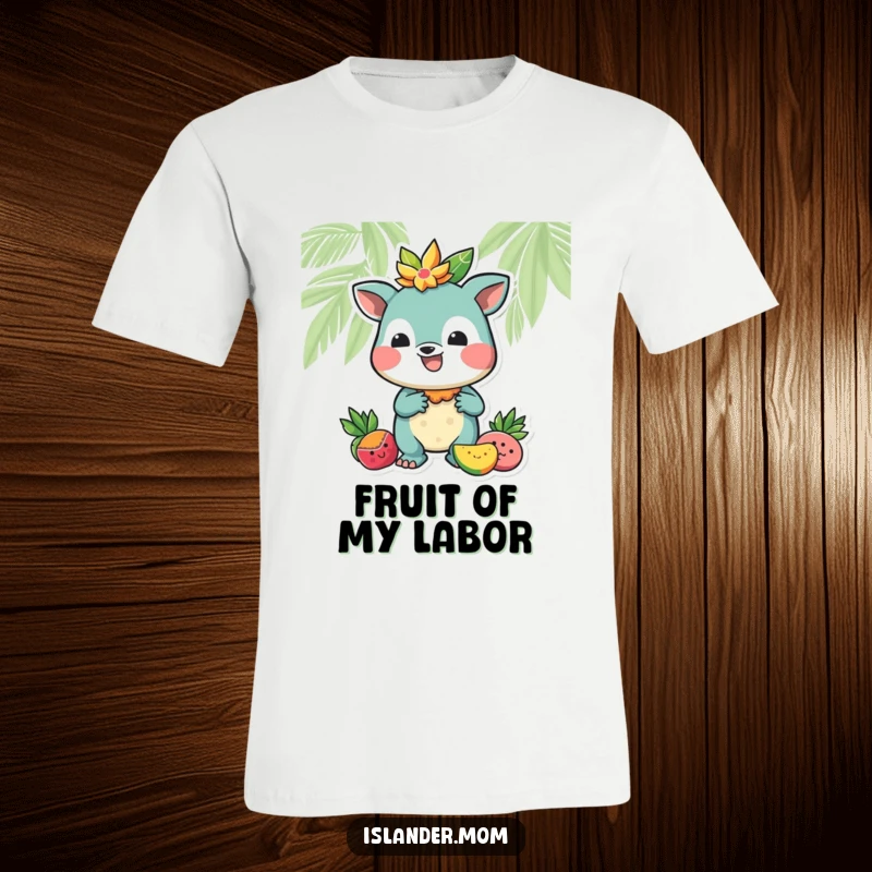 Funny t-shirt showcasing a cheerful island animal character presenting a ripe tropical fruit, symbolizing hospitality and fun.