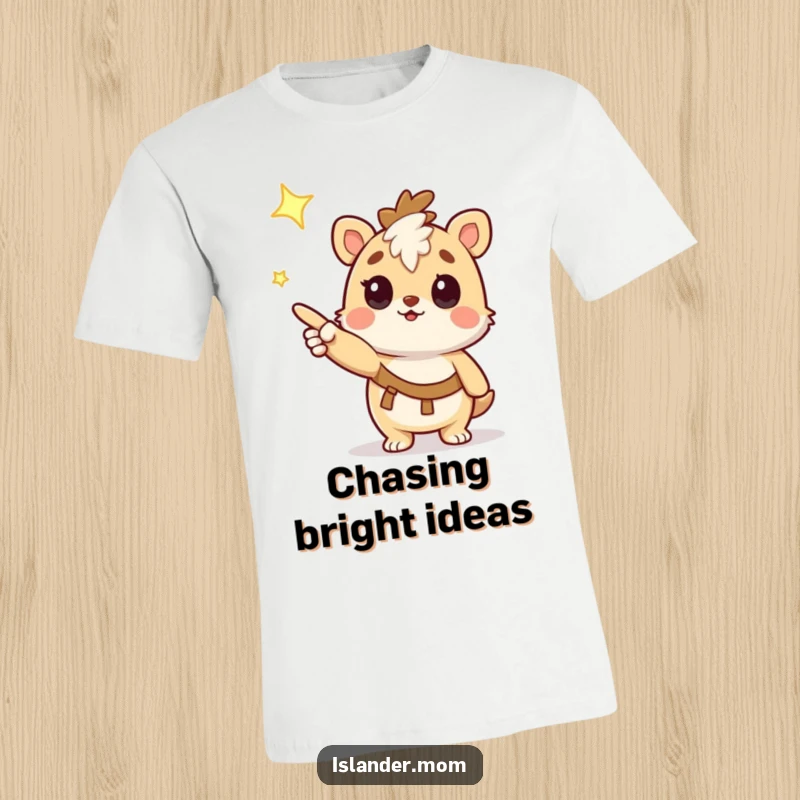 Funny T-Shirt: Adorable kawaii islander animal character pointing excitedly at a bright, shining star with a curious expression.