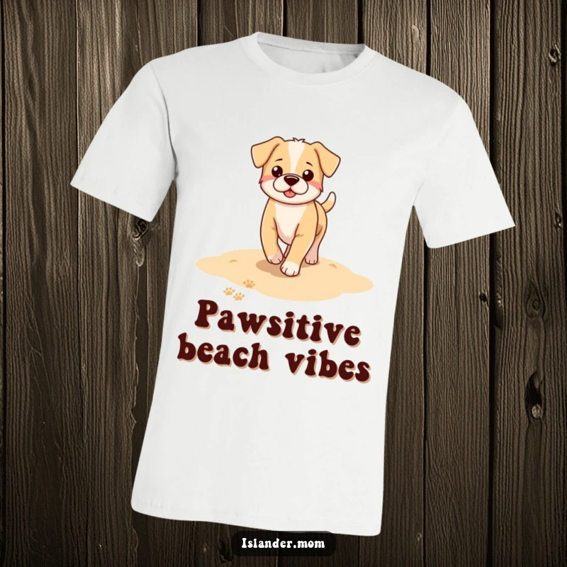 Funny dog t-shirt graphic: a dog confidently walks along a sandy beach, leaving a distinct path of paw prints in the sand.