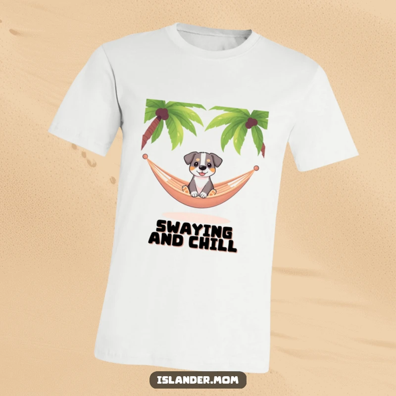 Funny dog sitting in a hammock swaying gently between palm trees, tropical vacation t-shirt, relaxed canine graphic.