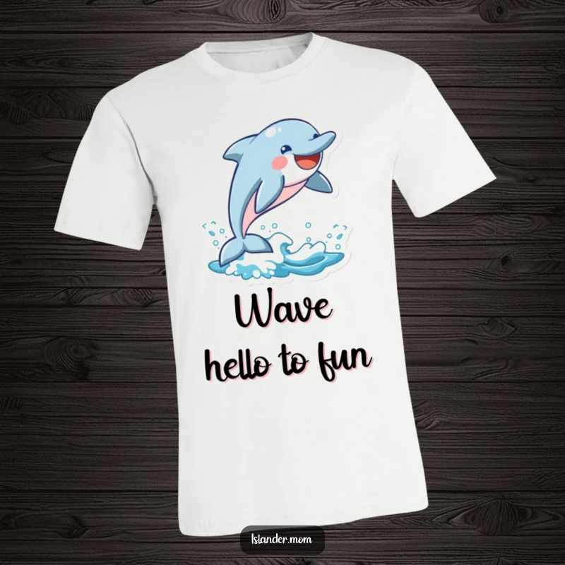 Funny Dolphin T-Shirt: A high-spirited dolphin leaps from a wave with a massive, happy smile, embodying pure aquatic joy.
