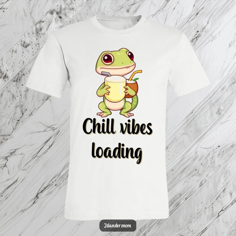 Funny island gecko t-shirt, depicting a cute gecko sipping a coconut beverage, perfect for beachwear and casual style.