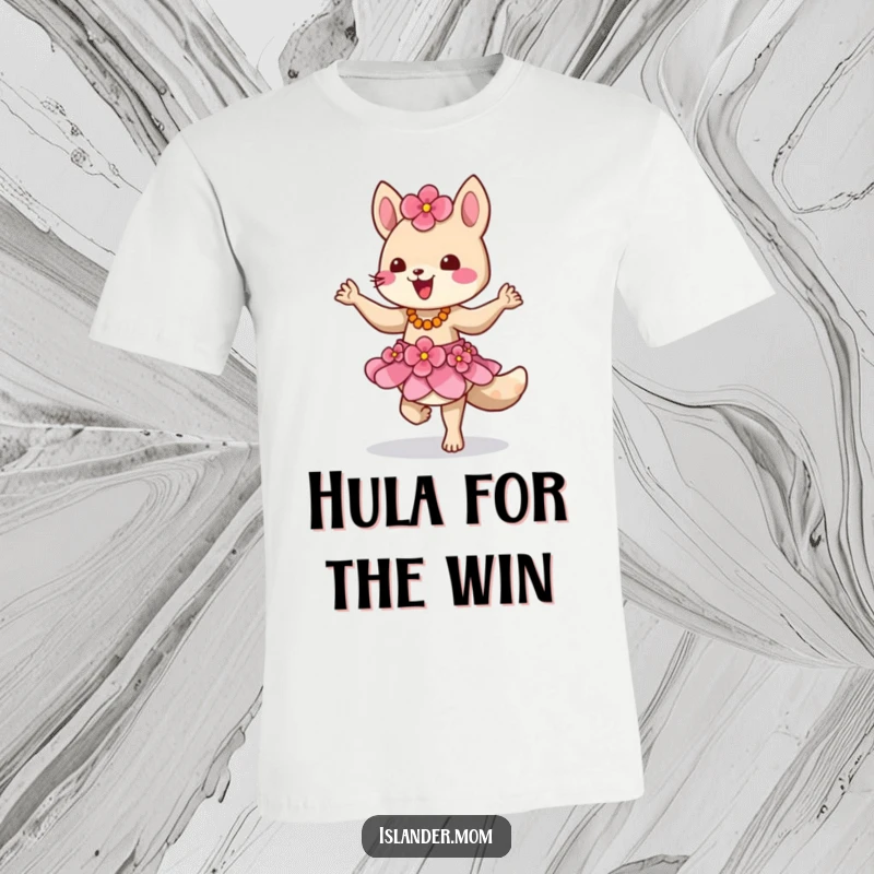 Funny t-shirt showcasing a happy island animal character with a flower skirt doing a lively dance, embodying tropical celebration.