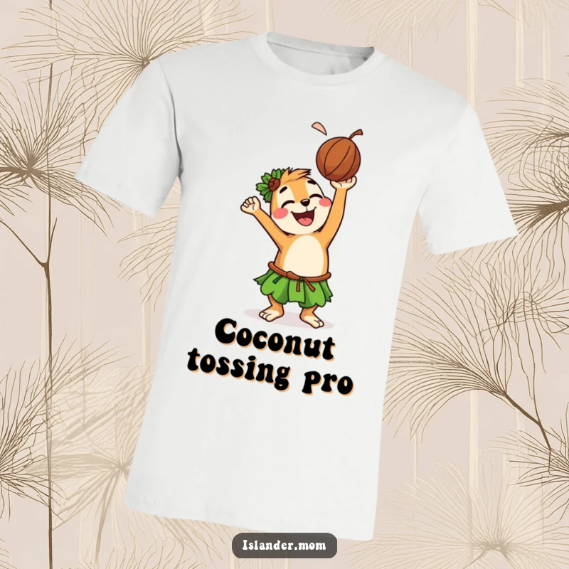 Funny t-shirt illustrating a happy islander animal character mid-air toss with a coconut, showcasing pure joy and a mischievous island grin.