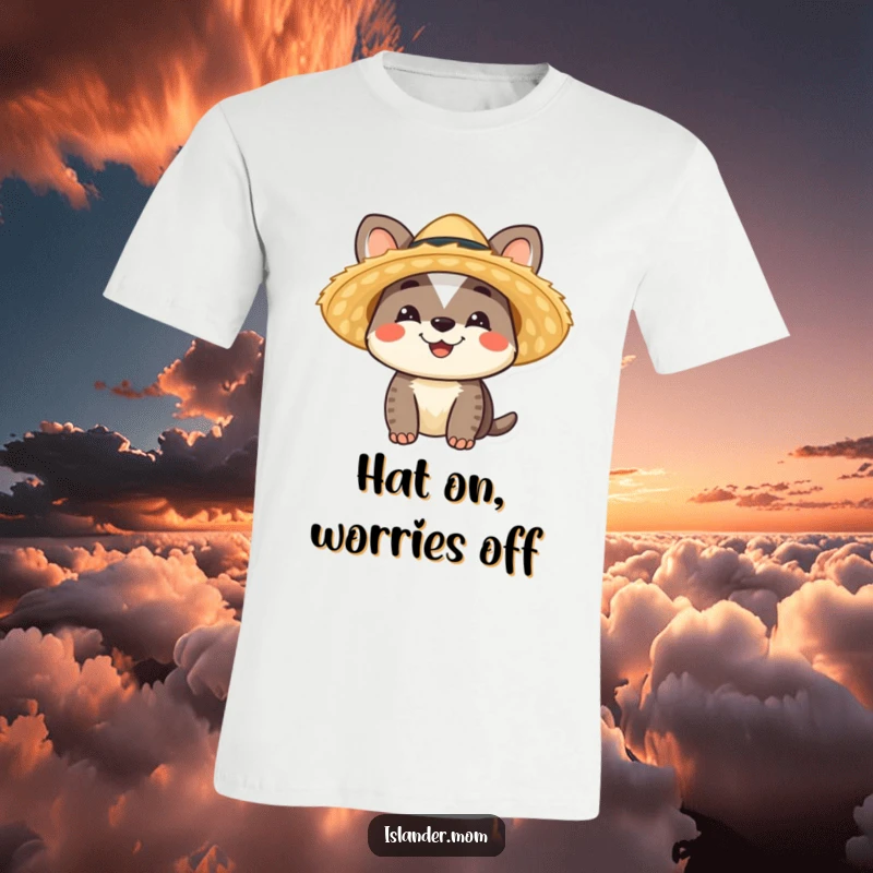 Funny Islander Animal T-Shirt showcasing a smiling character wearing a straw hat, radiating vacation vibes, a fun funny gift.