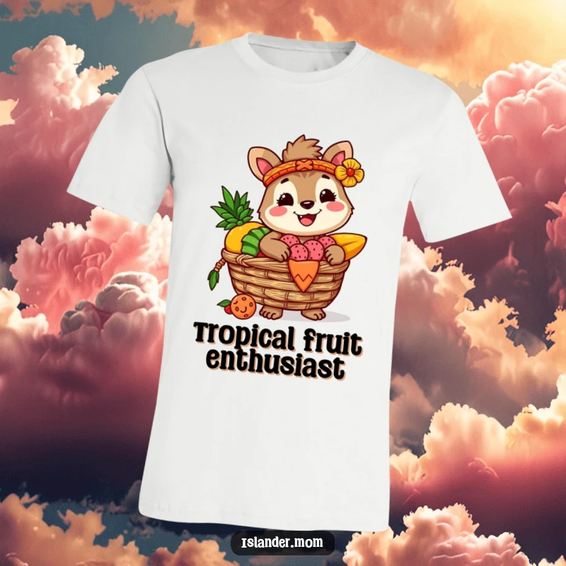 Funny t-shirt showcasing a cheerful islander animal character with a basket brimming with exotic tropical fruits, expressing joy and abundance.