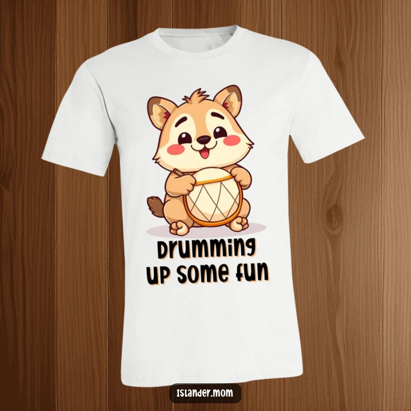 Funny Islander Drummer T-Shirt: Cute islander character playing a small drum with paws, looking excited, great funny gift.