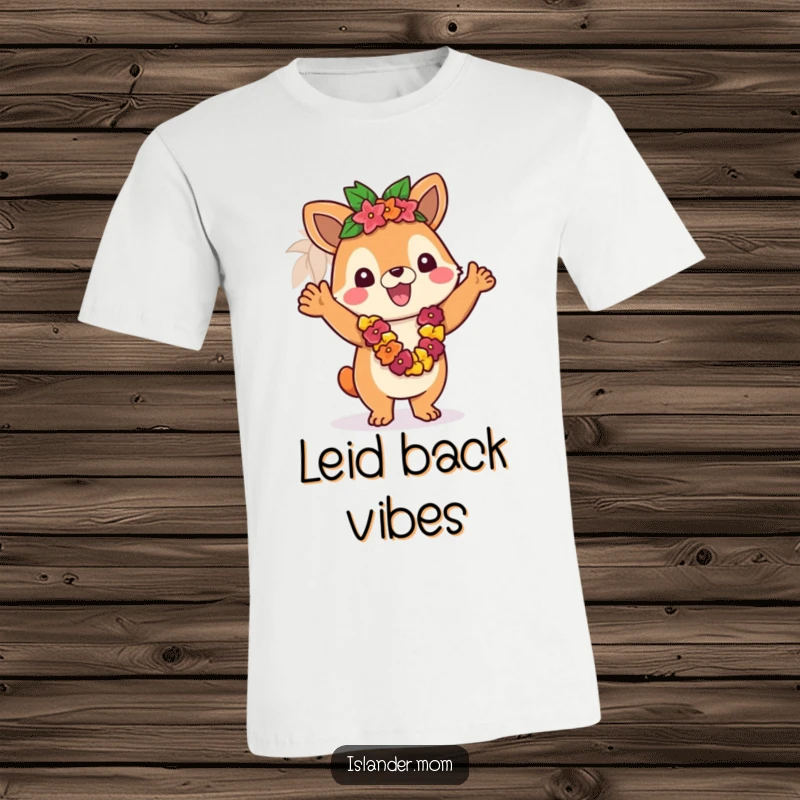 Funny T-shirt with an islander animal character joyfully waving a vibrant lei, exuding tropical hospitality.