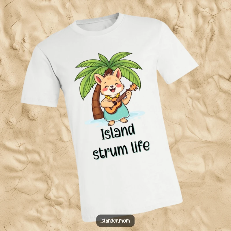 Funny T-Shirt featuring an islander mom animal strumming a ukulele with a joyful expression beneath a swaying palm tree.