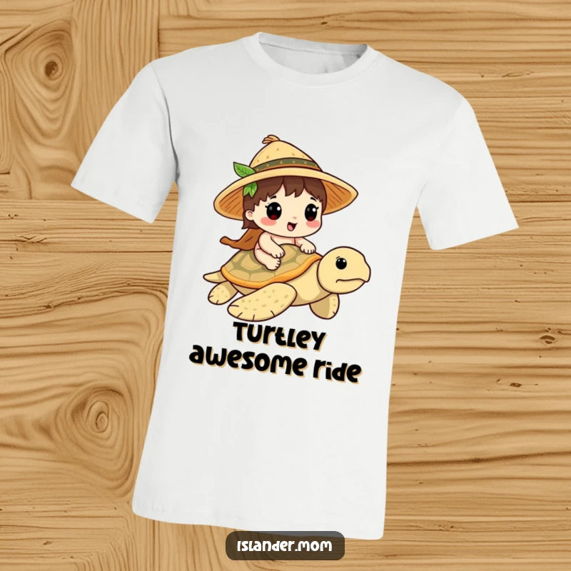 Funny Islander Turtle Rider T-Shirt: Cute islander character in straw hat riding a friendly sea turtle, great funny gift.