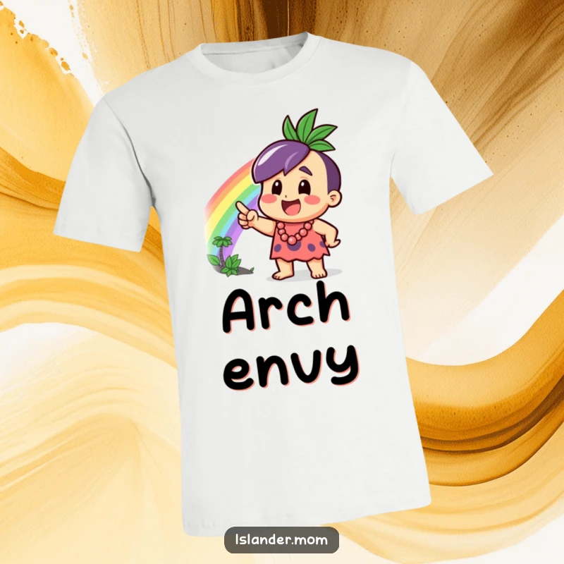 Funny T-Shirt showcasing an energetic islander character excitedly pointing towards a stunning, vibrant rainbow, celebrating wonder and discovery.