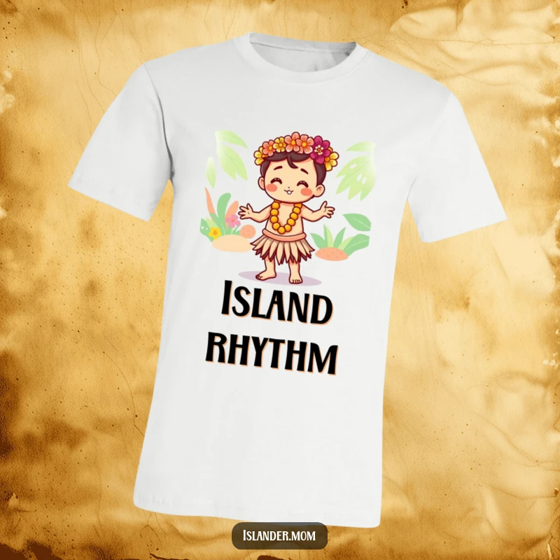 Funny t-shirt of a cute Kawaii islander character doing a graceful hula dance with flowing hand movements, tropical and cheerful.