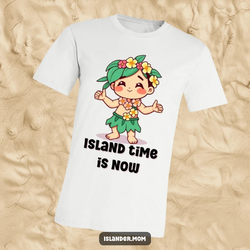Funny Kawaii islander t-shirt with a character wearing a flower lei, dancing freely with joyful abandon.