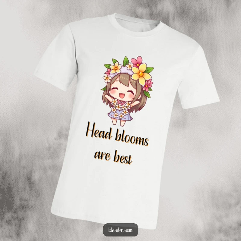 Funny t-shirt showcasing a joyful character with a flower lei balanced expertly on their head, radiating pure happiness and island vibes.