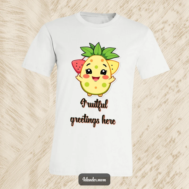 Funny t-shirt featuring a character with a broad, friendly grin offering a colorful tropical fruit, symbolizing generosity and fun.
