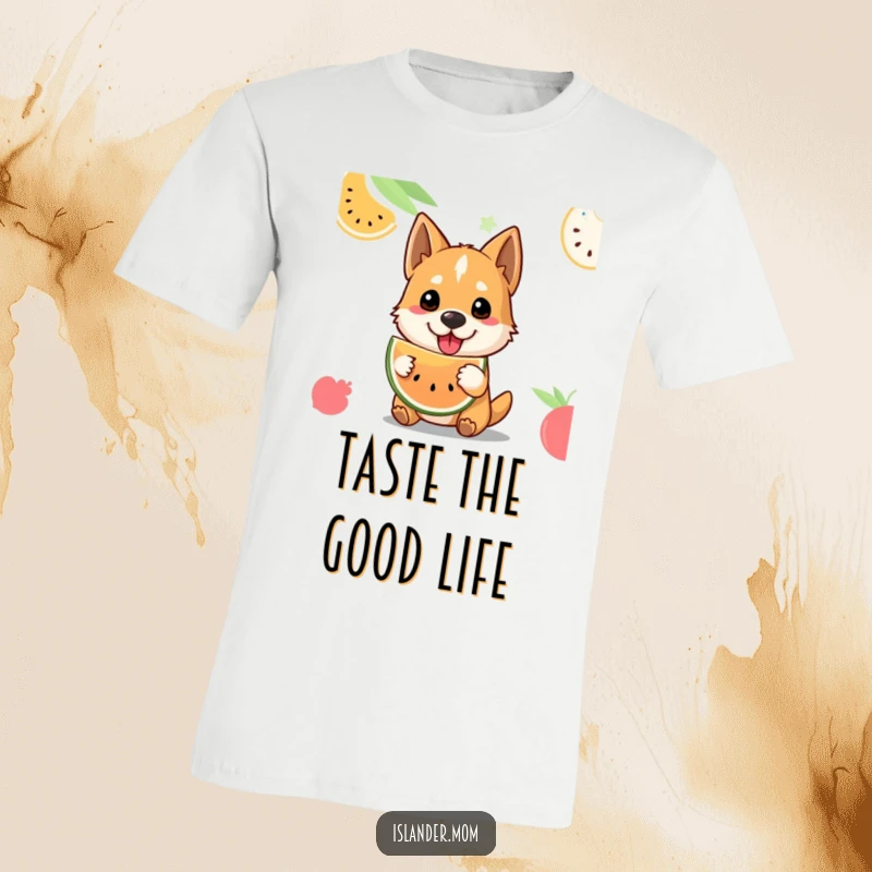 Funny welcoming dog t-shirt featuring a dog offering tropical fruit, embodying kindness and island charm.