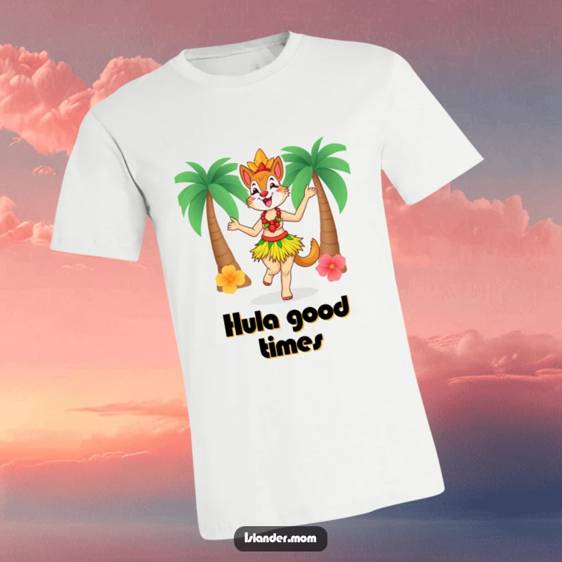 Funny Islander Mom T-Shirt, wearing a grass skirt and dancing joyfully, a fun and festive tropical-themed graphic.