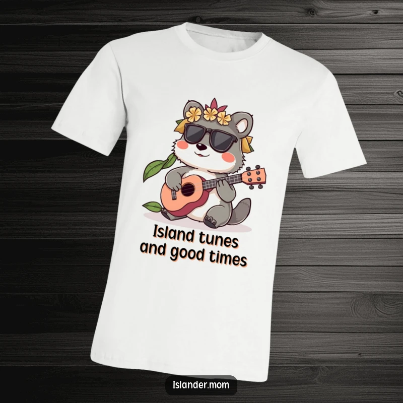 Funny Islander Animal T-Shirt showcasing a character playing a small ukulele, perfect for music lovers, a fun funny gift.