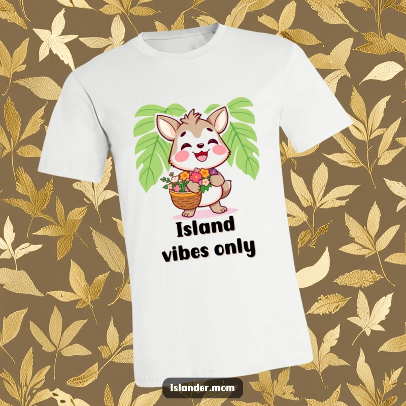 Funny Islander Animal T-Shirt: Cute islander character holding a basket of flowers and smiling, great funny gift.