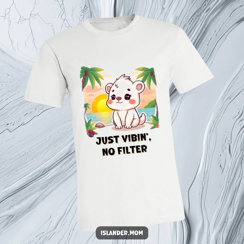 Funny t-shirt featuring a kawaii islander animal, eyes closed peacefully, enjoying a colorful and serene ocean sunset.