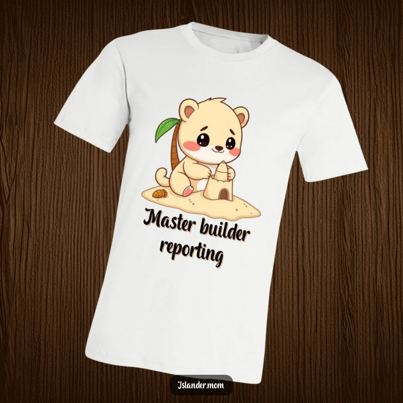 Funny t-shirt featuring a kawaii islander animal with a look of intense delight, focused on constructing a tiny sandcastle.