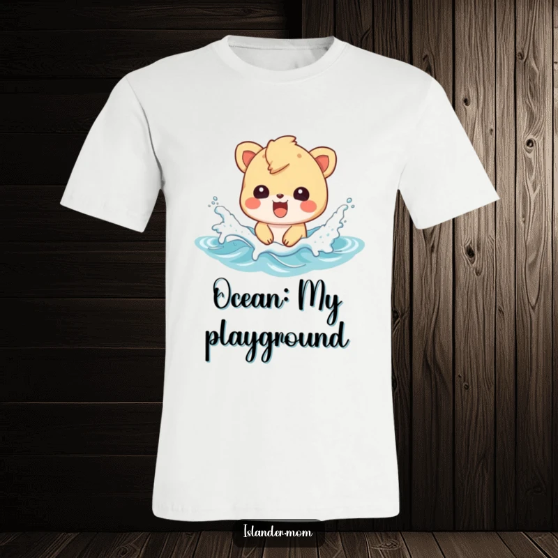 Funny T-shirt with an islander animal character gleefully splashing in vibrant ocean waves, capturing beach excitement.