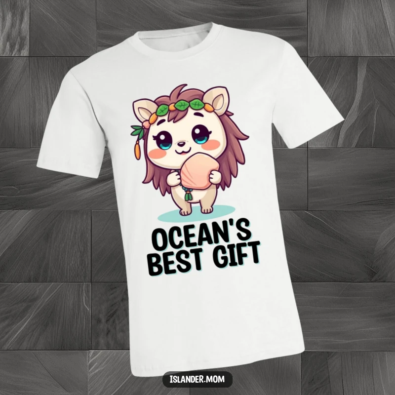 Funny t-shirt depicting a cute islander animal with a beaming smile, presenting a lovely seashell as a gift.
