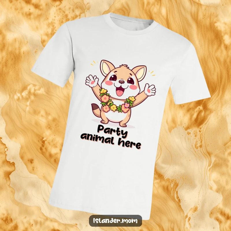 Funny t-shirt showcasing an animated animal character adorned with colorful leis, waving arms in a gesture of exuberant celebration.