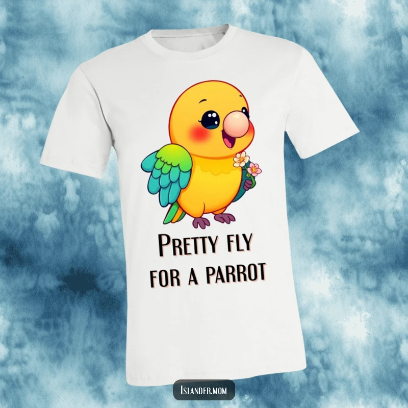 Funny Parrot T-Shirt: A smiling parrot with vibrant feathers carries a small flower, showcasing a cheerful tropical scene.