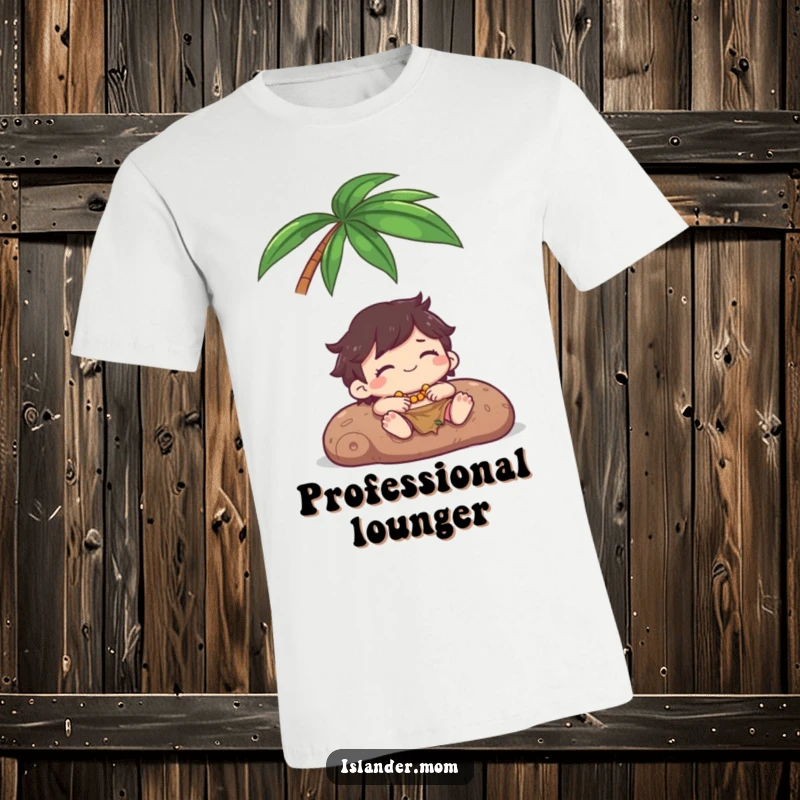 Funny T-Shirt: A kawaii islander character is depicted peacefully resting under a palm tree, eyes closed in happy repose.