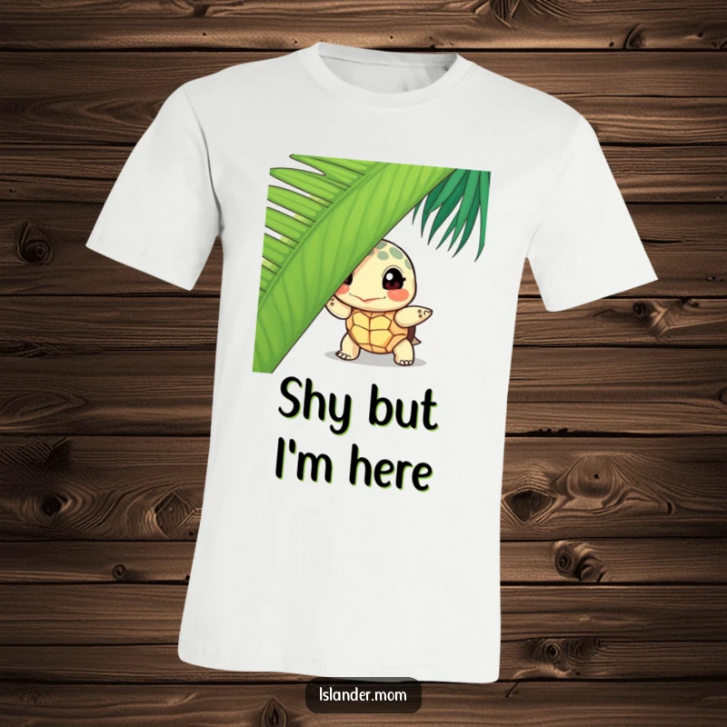 Funny curious turtle t-shirt, showing a turtle peeking from behind a palm leaf, ideal for casual wear and nature enthusiasts.