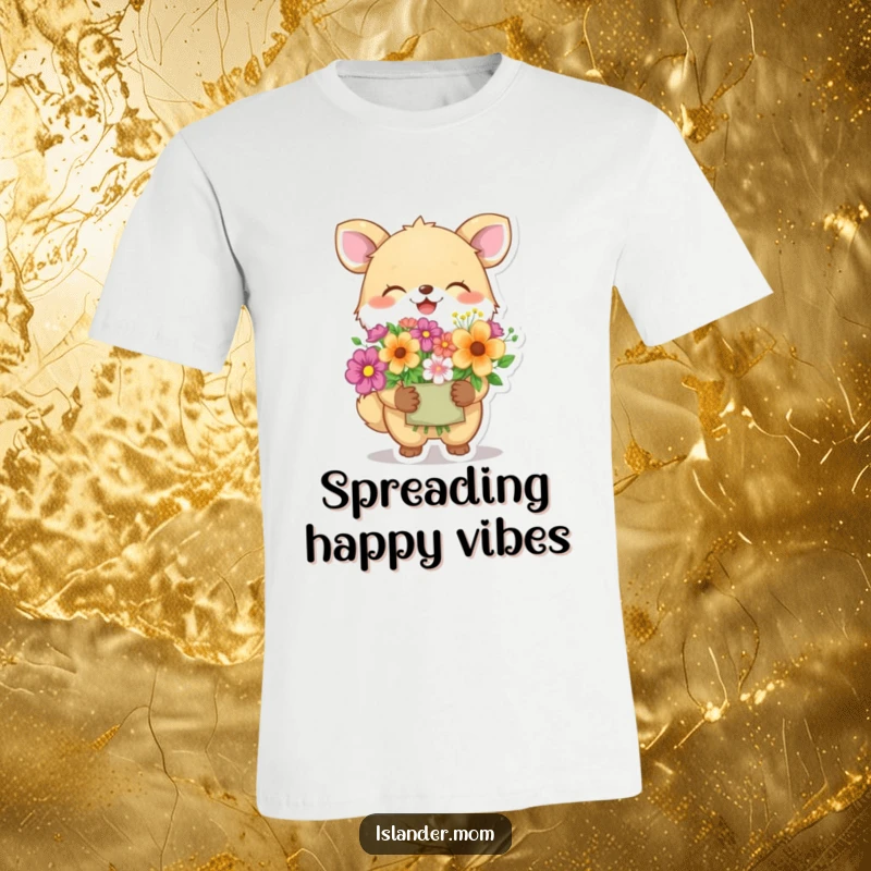 Funny animal character giggling with delight as it offers colorful flowers, a humorous and heartwarming t-shirt for gift-givers.
