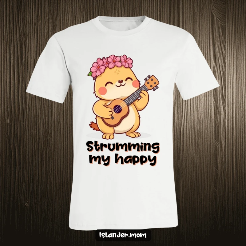 Funny t-shirt featuring a cute kawaii islander animal joyfully playing a small ukulele with a smile.