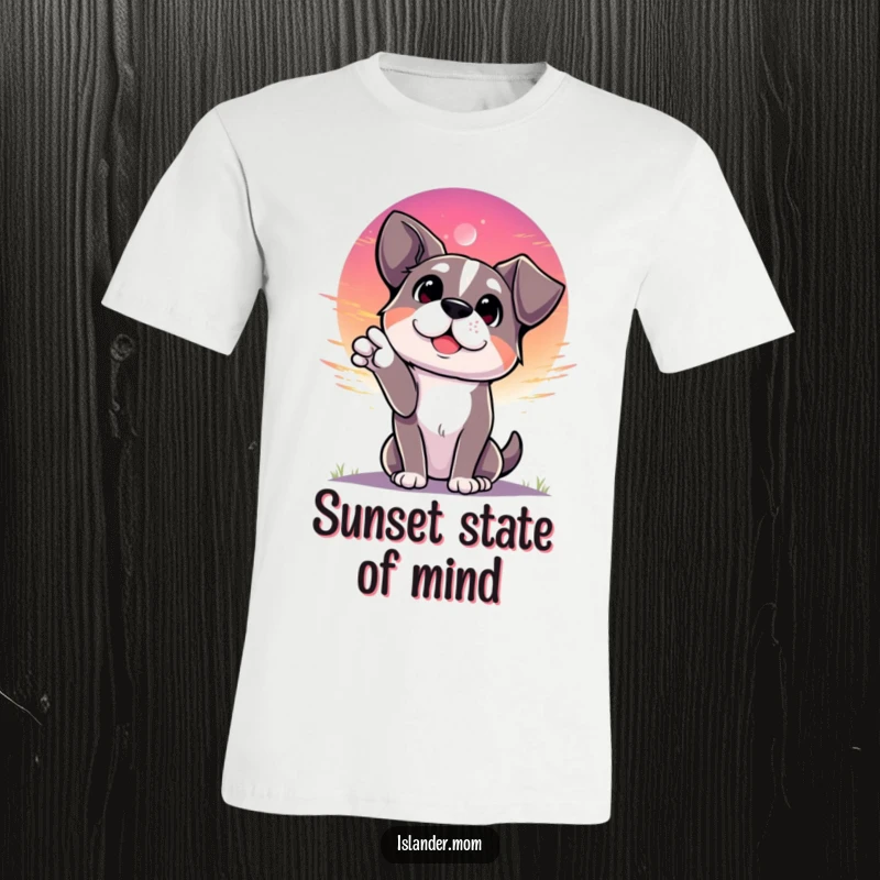 Funny dog looking towards a vibrant sunset with eyes full of wonder, scenic canine tee, beautiful nature design.