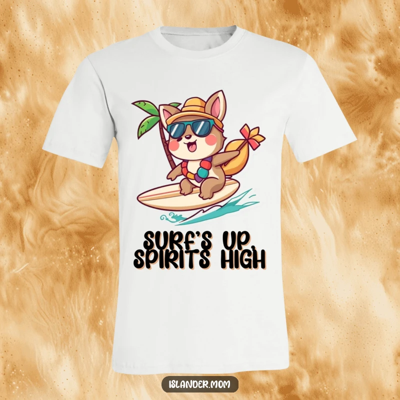 Funny Islander Animal T-Shirt showcasing a character cheerfully riding a small surfboard, perfect for beach days, a fun funny gift.
