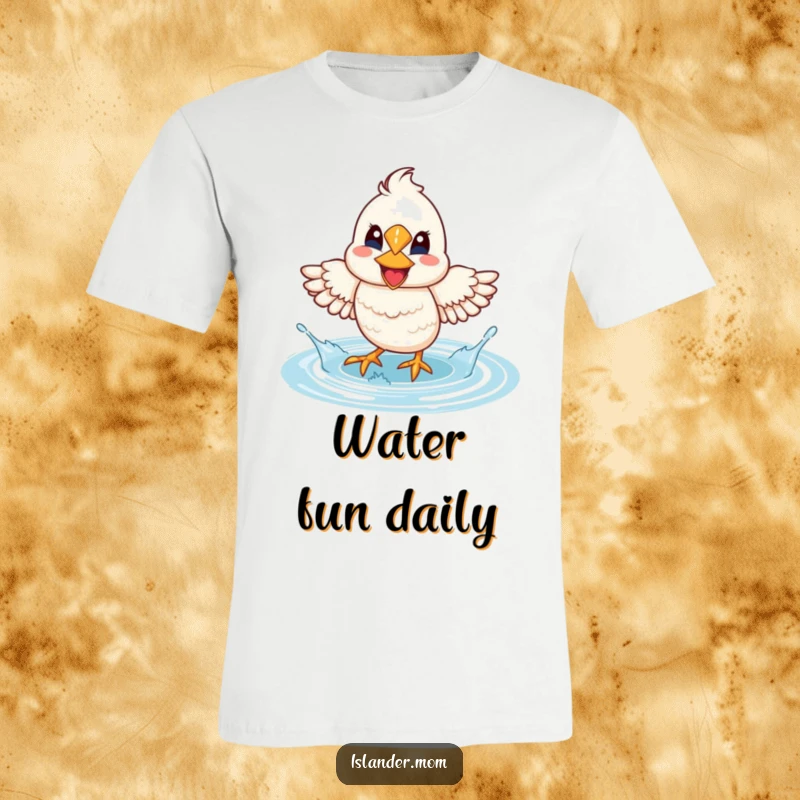Funny Mama Bird Lagoon Splash T-Shirt: A mama bird with a huge smile joyfully splashes water with its feet in a lagoon.