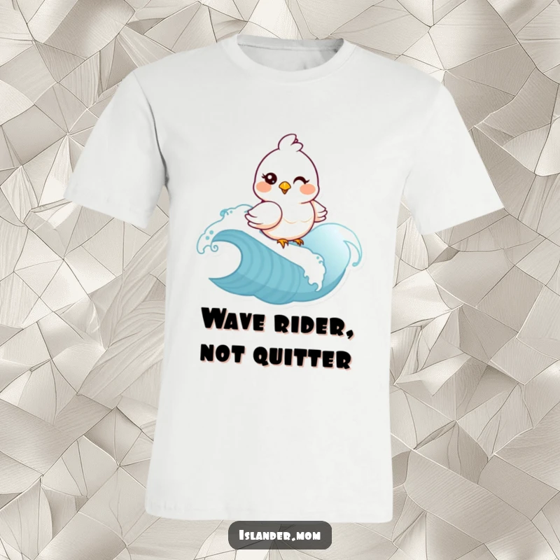 Funny mama bird winking and riding a wave on a t-shirt. Humorous beach apparel, ideal funny gift for bird enthusiasts.