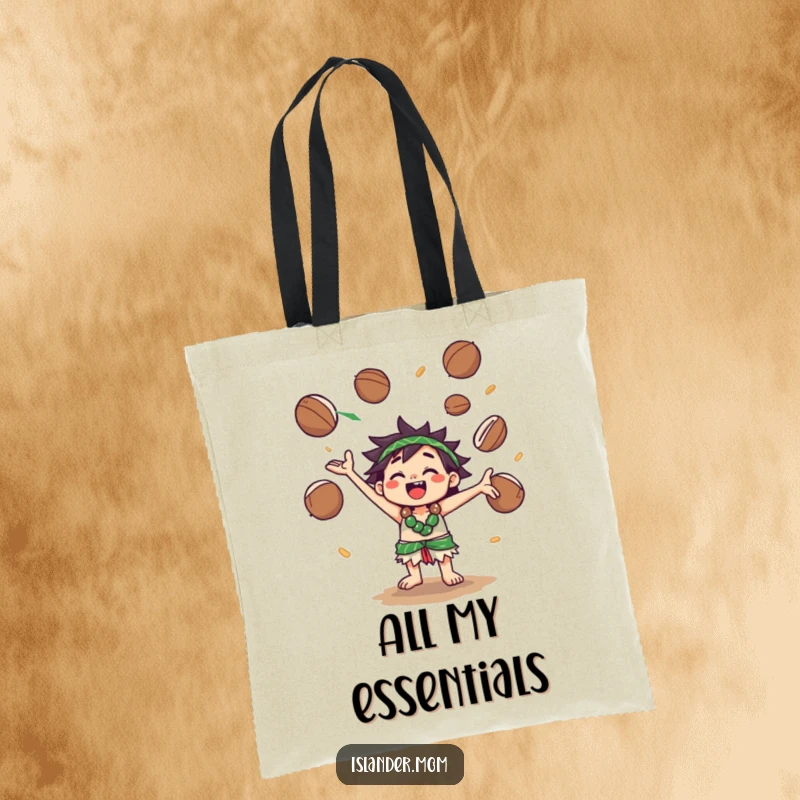 Funny Tote Bag: A kawaii islander character skillfully juggles coconuts, perfect for market trips or beach days with a playful vibe.